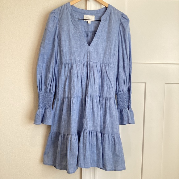 Tuckernuck Pomander Place Tiered Long-Sleeve V-Neck Mini Dress Large Blue - Picture 2 of 14